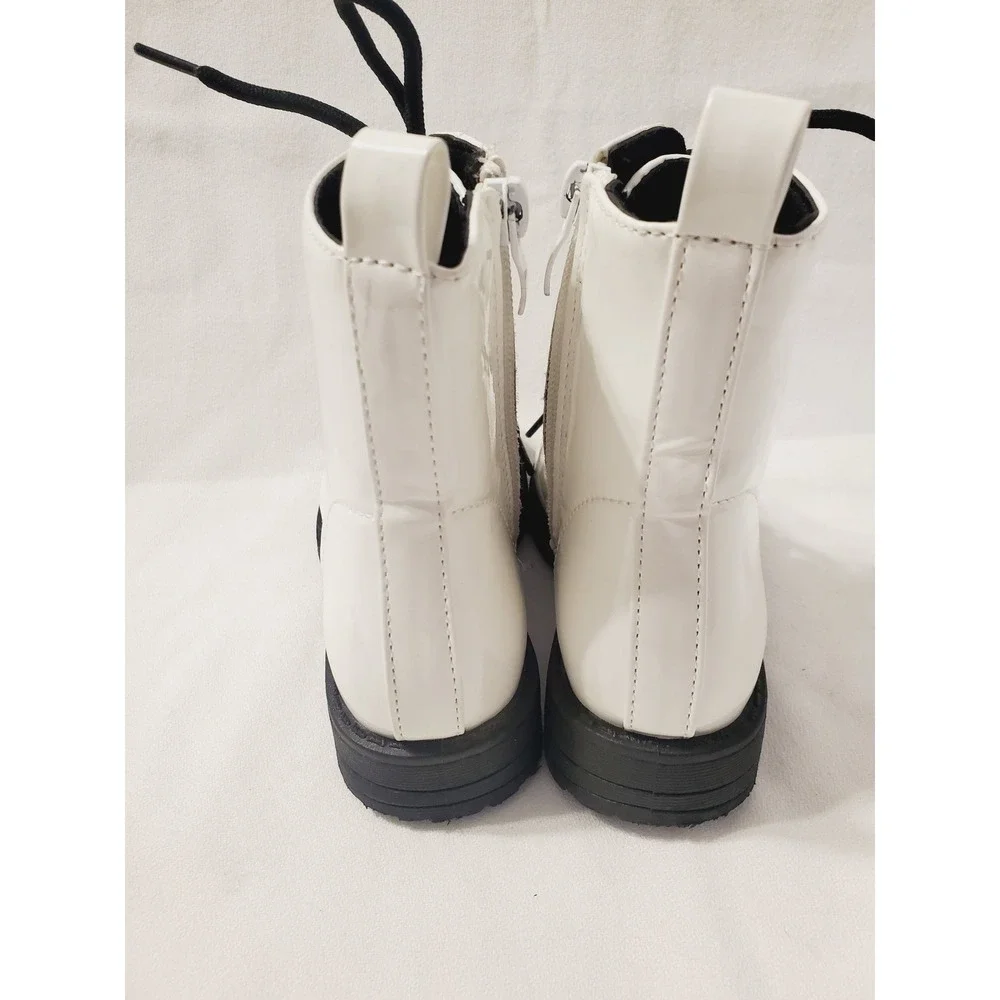 Mini Moda Kids Sz 8 White Patent Combat Boots Side Zip Lug Sole Lace Up Ankle